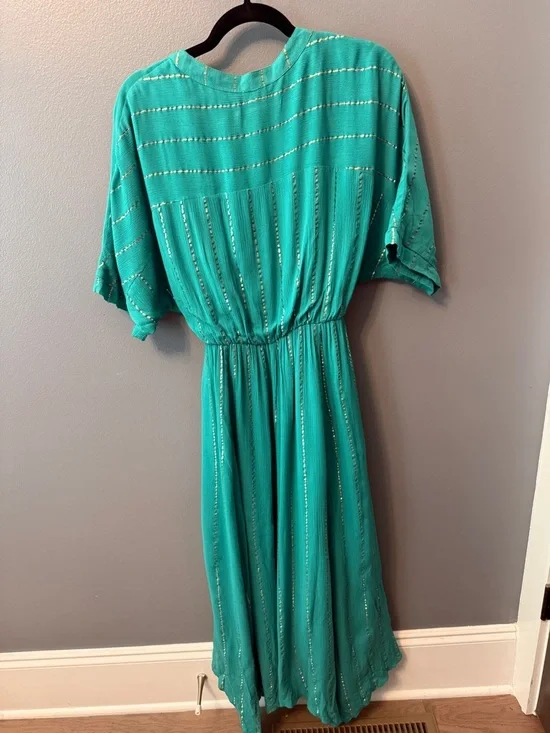 En Crème sold out Sabrina Lurex Kimono Maxi boho hippie Dress in teal, sz small - Picture 10 of 12